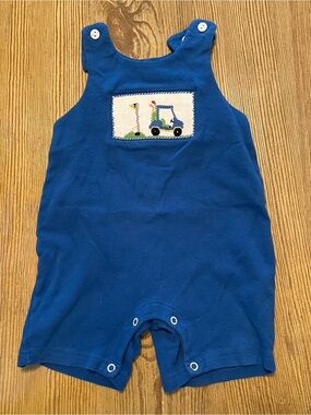 Vive La Fete Smocked Blue Baby Golf Cart Embroidered Romper
